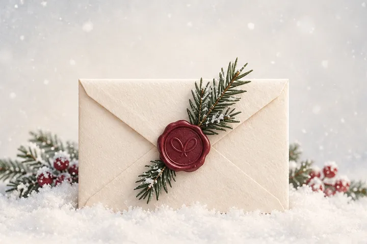 Envelope with a red wax seal and pine branches in the snow