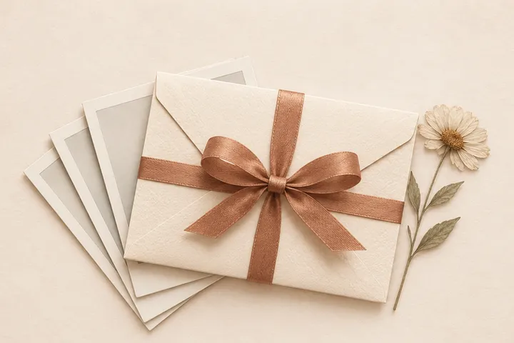 Envelope with a ribbon on a stack of photos and a dried flower