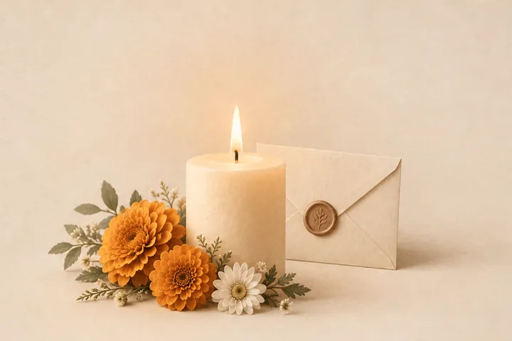 A lit candle beside a photograph and a few flowers