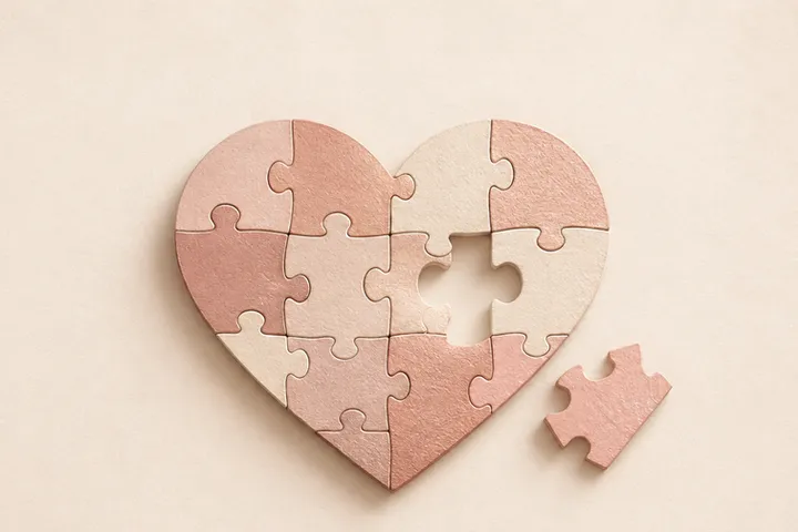 Heart-shaped puzzle with one piece missing