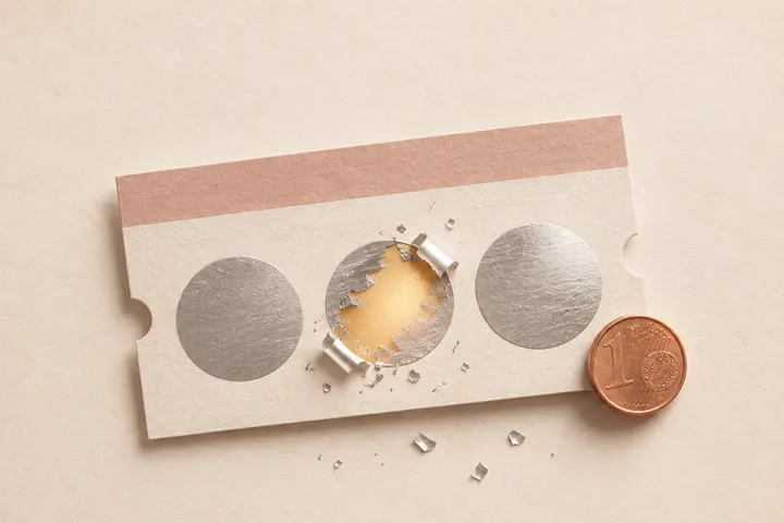 Scratch-off card with one circle scratched to reveal gold, next to a coin