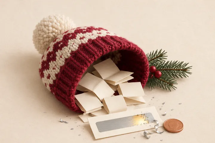 Red knitted hat full of folded slips of paper, next to a scratch card and a coin