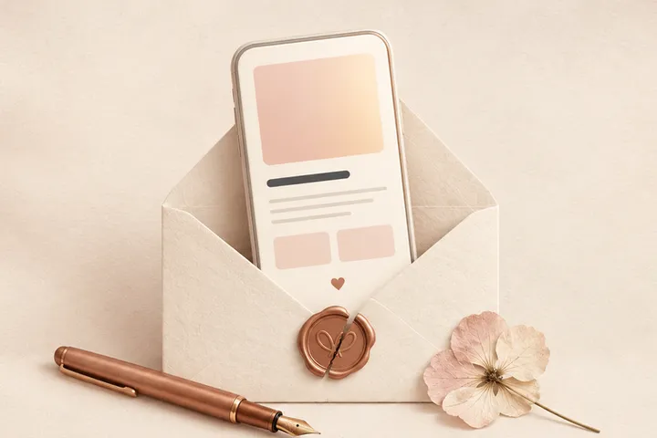 A phone showing a dedication website rising out of an envelope with a wax seal, next to a fountain pen and a dried flower